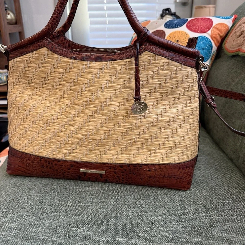 Brahmin Straw Raffia & Melbourne Embossed Leather Satchel Tote Brown Croc - Picture 9 of 13